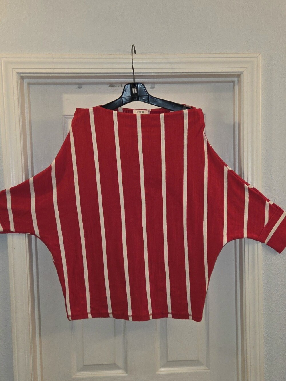 Umgee Funnel Neck Top Red White Striped Dolman Sleeve Blouse Size L